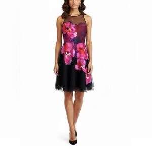 Badgley Mischka Women's Cocktail Dress Size 10 Black Floral Print Fit and Flare